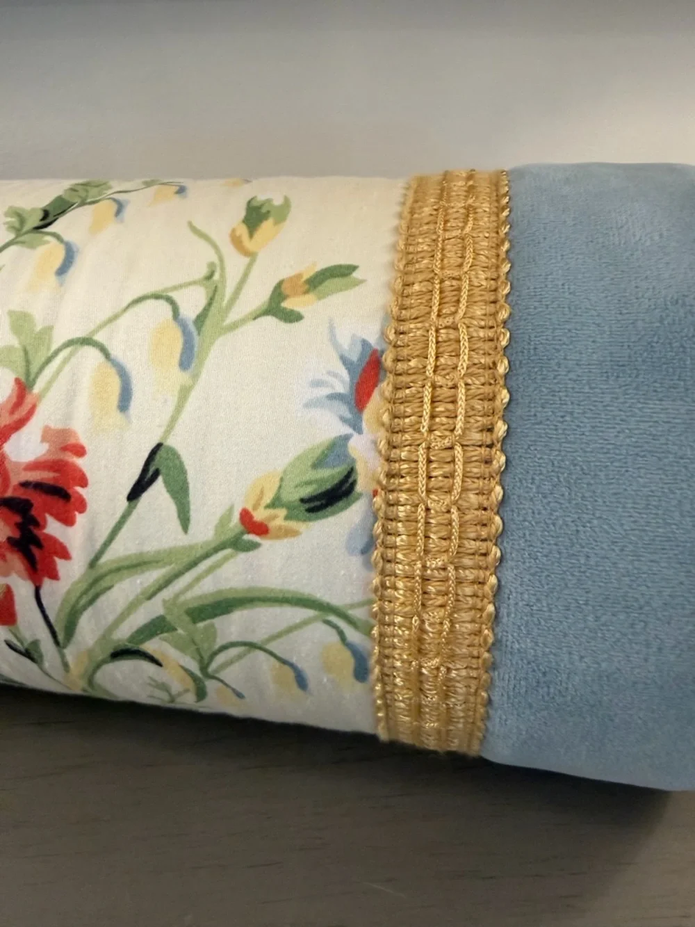 Vintage Bolster Pillow Floral Chintz & Blue Velvet Fabric Gold Trim Button Ends - Picture 3 of 9